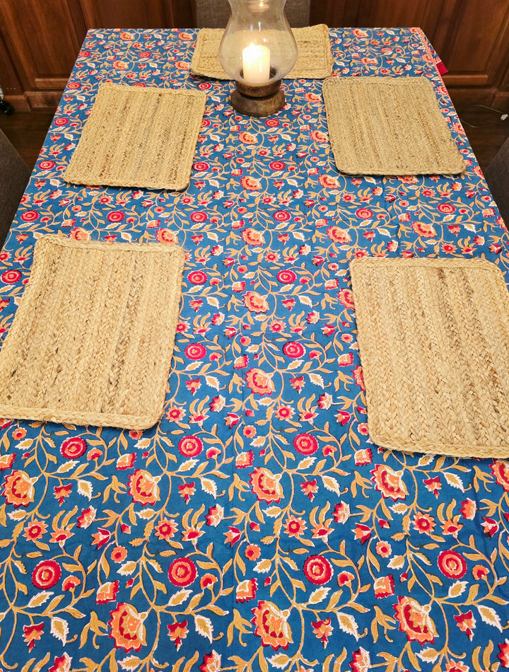 Wild Flower Blue Hand Block Printed Table Cloth - Ohana Earth
