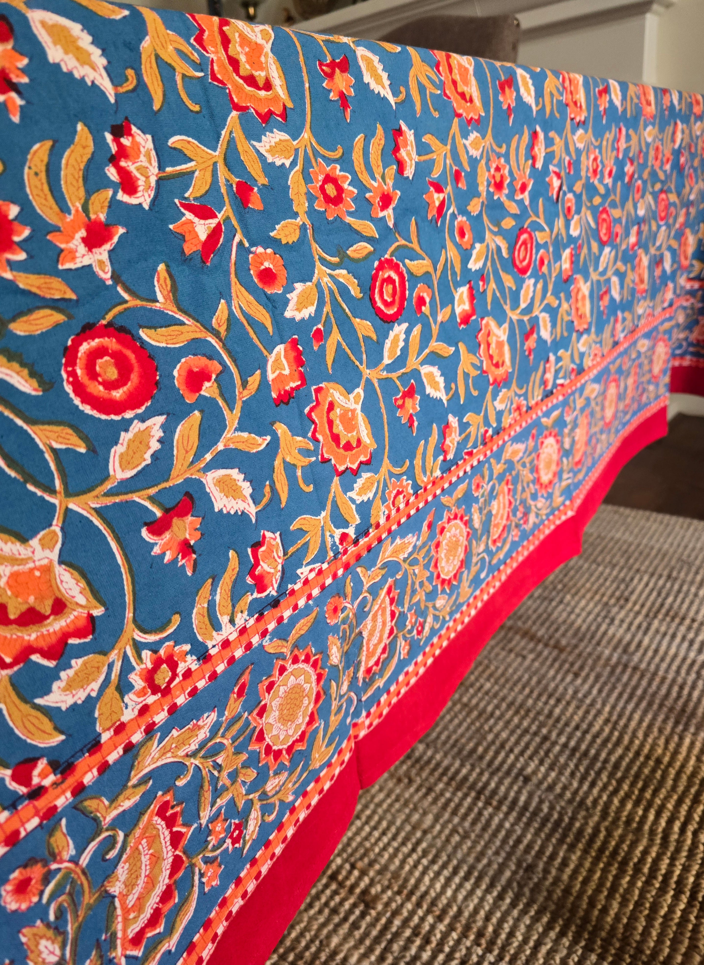 Wild Flower Blue Hand Block Printed Table Cloth - Ohana Earth