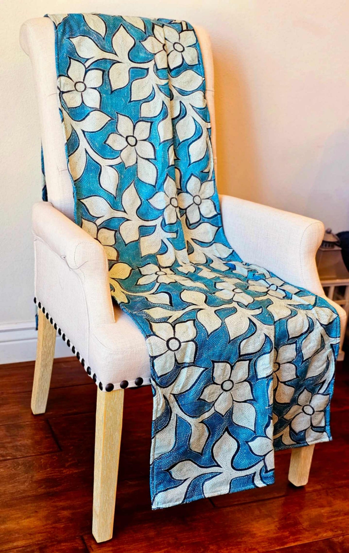 Bloom - Garden Blue Kantha Throw – Hand Embroidered Silk Kantha Quilt Throw - Ohana Earth
