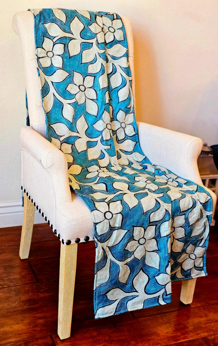 Bloom - Garden Blue Kantha Throw – Hand Embroidered Silk Kantha Quilt Throw - Ohana Earth