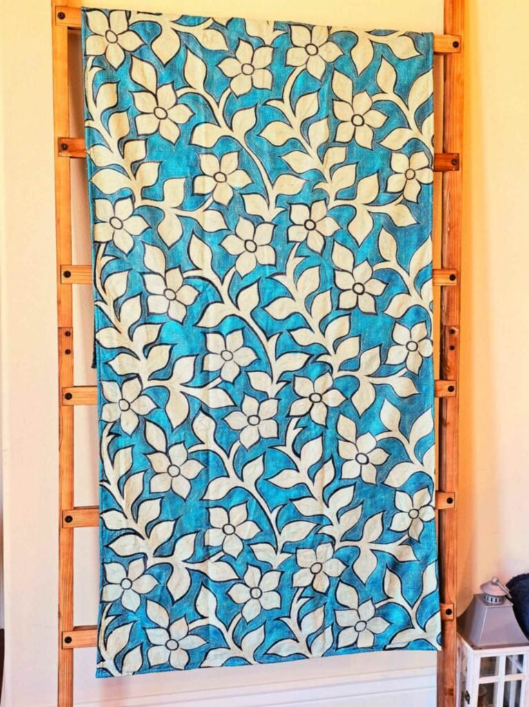 Bloom - Garden Blue Kantha Throw – Hand Embroidered Silk Kantha Quilt Throw - Ohana Earth