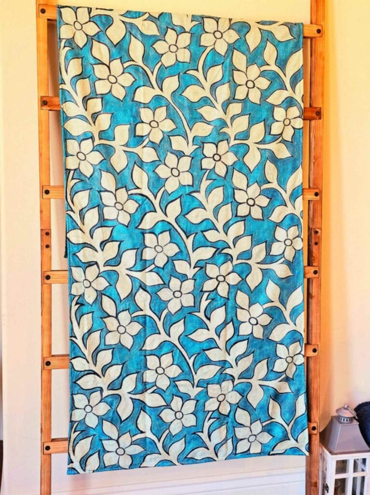 Bloom - Garden Blue Kantha Throw – Hand Embroidered Silk Kantha Quilt Throw - Ohana Earth
