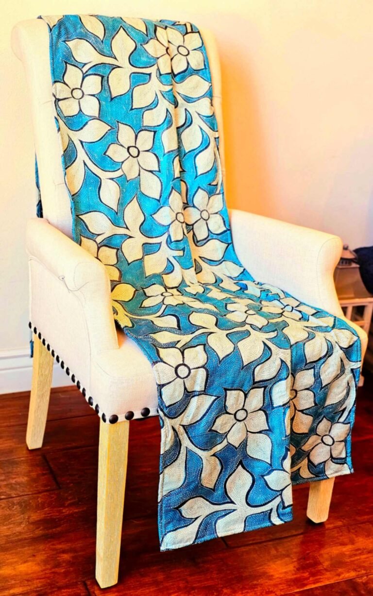 Bloom - Garden Blue Kantha Throw – Hand Embroidered Silk Kantha Quilt Throw - Ohana Earth