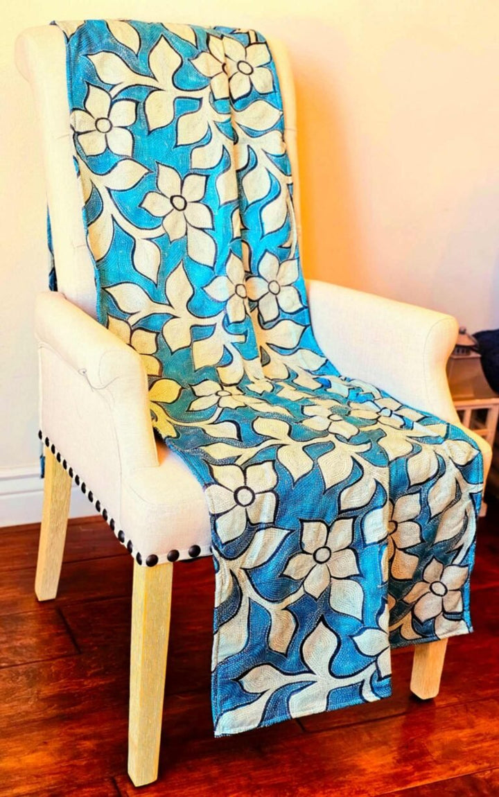 Bloom - Garden Blue Kantha Throw – Hand Embroidered Silk Kantha Quilt Throw - Ohana Earth