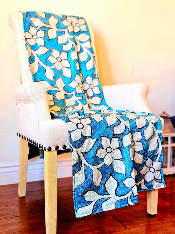 Bloom - Garden Blue Kantha Throw – Hand Embroidered Silk Kantha Quilt Throw - Ohana Earth