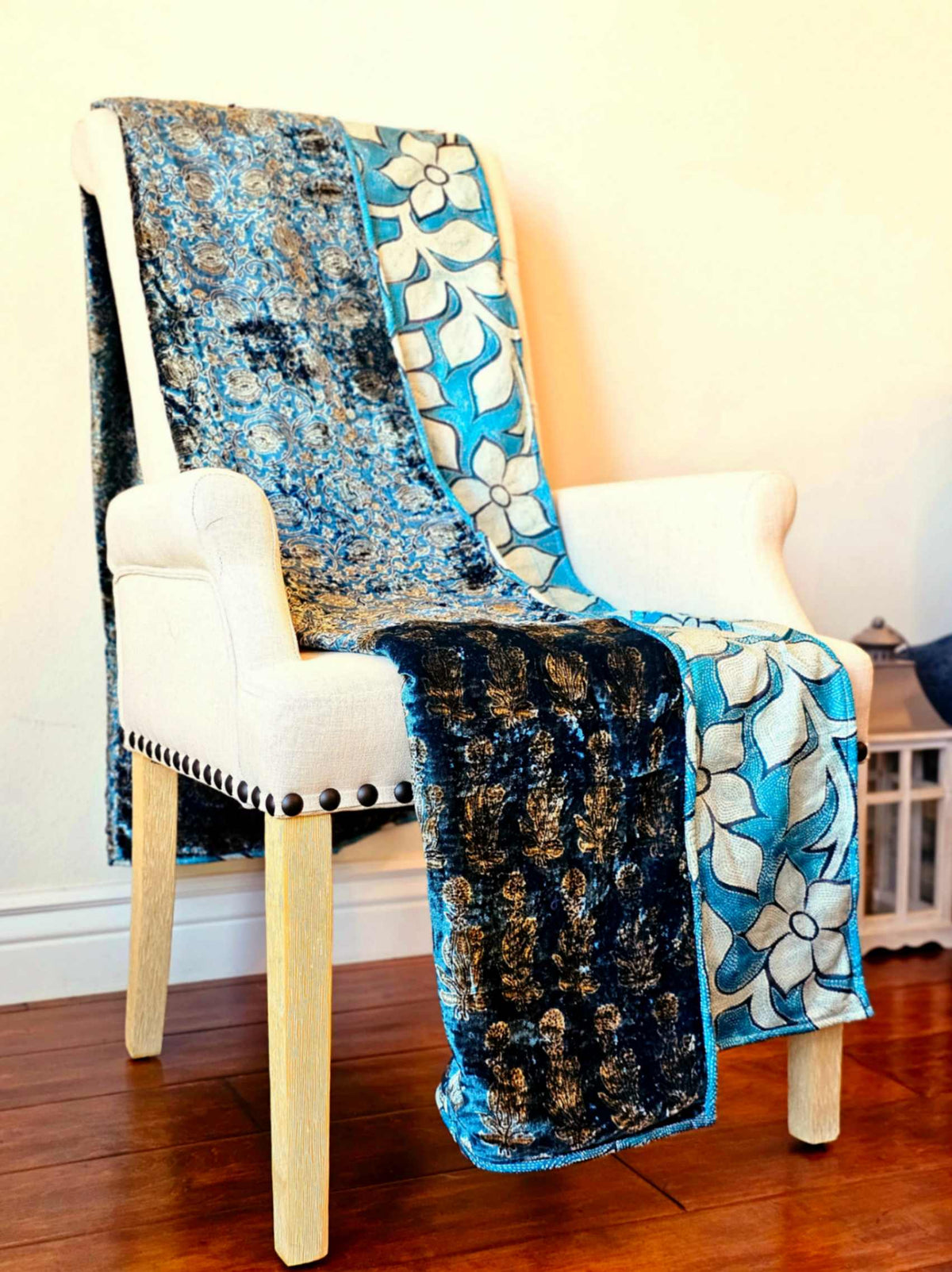 Bloom - Garden Blue Kantha Throw – Hand Embroidered Silk Kantha Quilt Throw - Ohana Earth