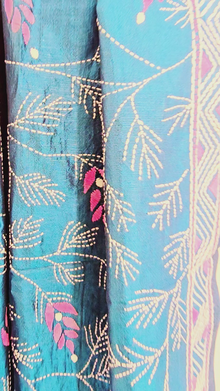 Close up of Kantha silk scarf hand embroidered 