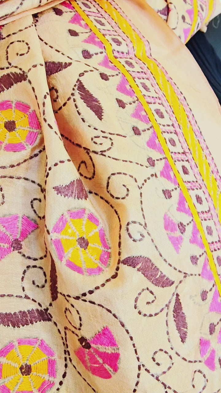 Beige Kantha silk scarf hand embroidered in floral pattern