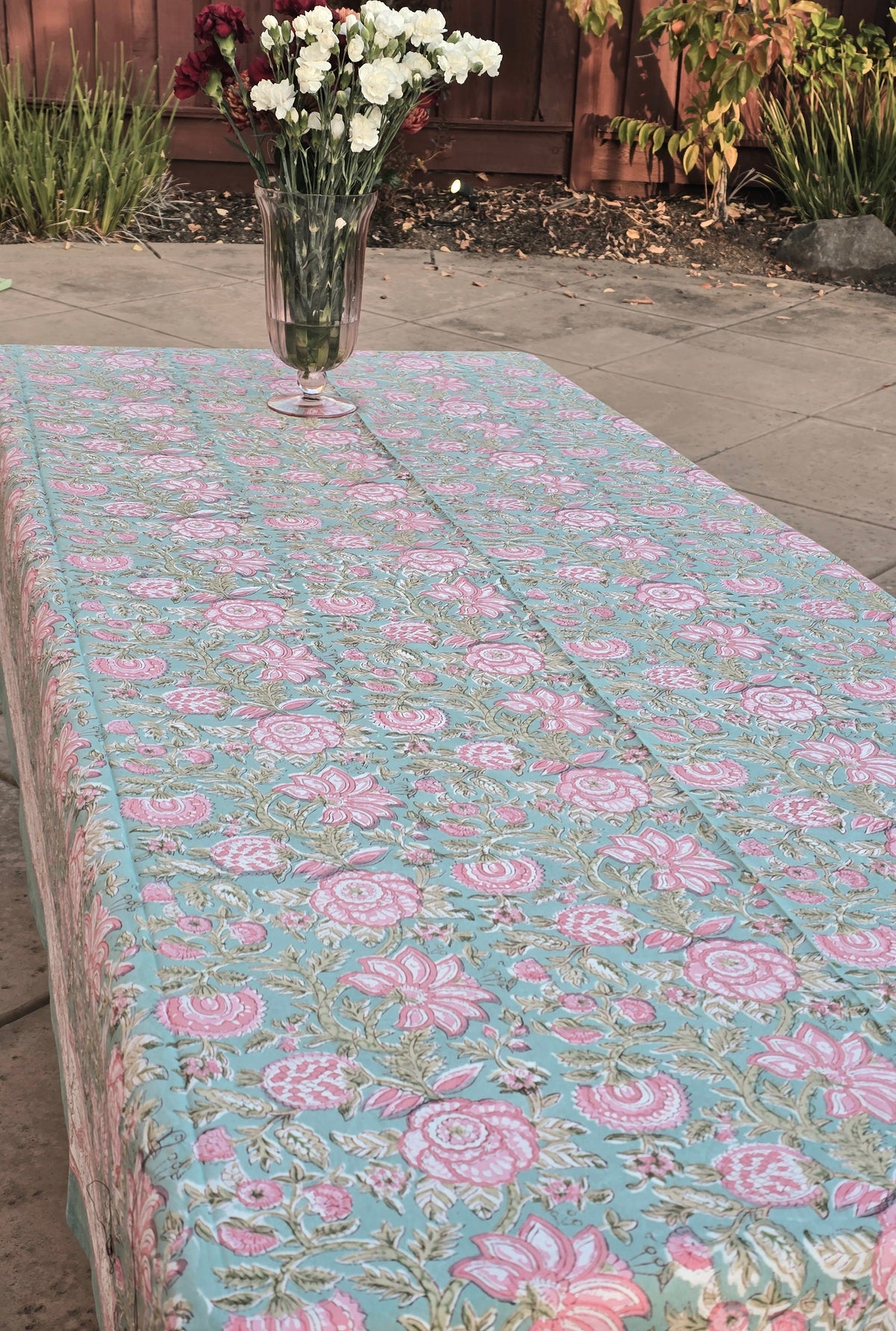 Green Pink Bloom Hand Block Printed Table Cloth - Ohana Earth