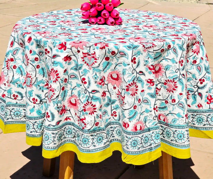 Round Block Print Cotton Tablecloth – White Green Floral Handmade - Ohana Earth