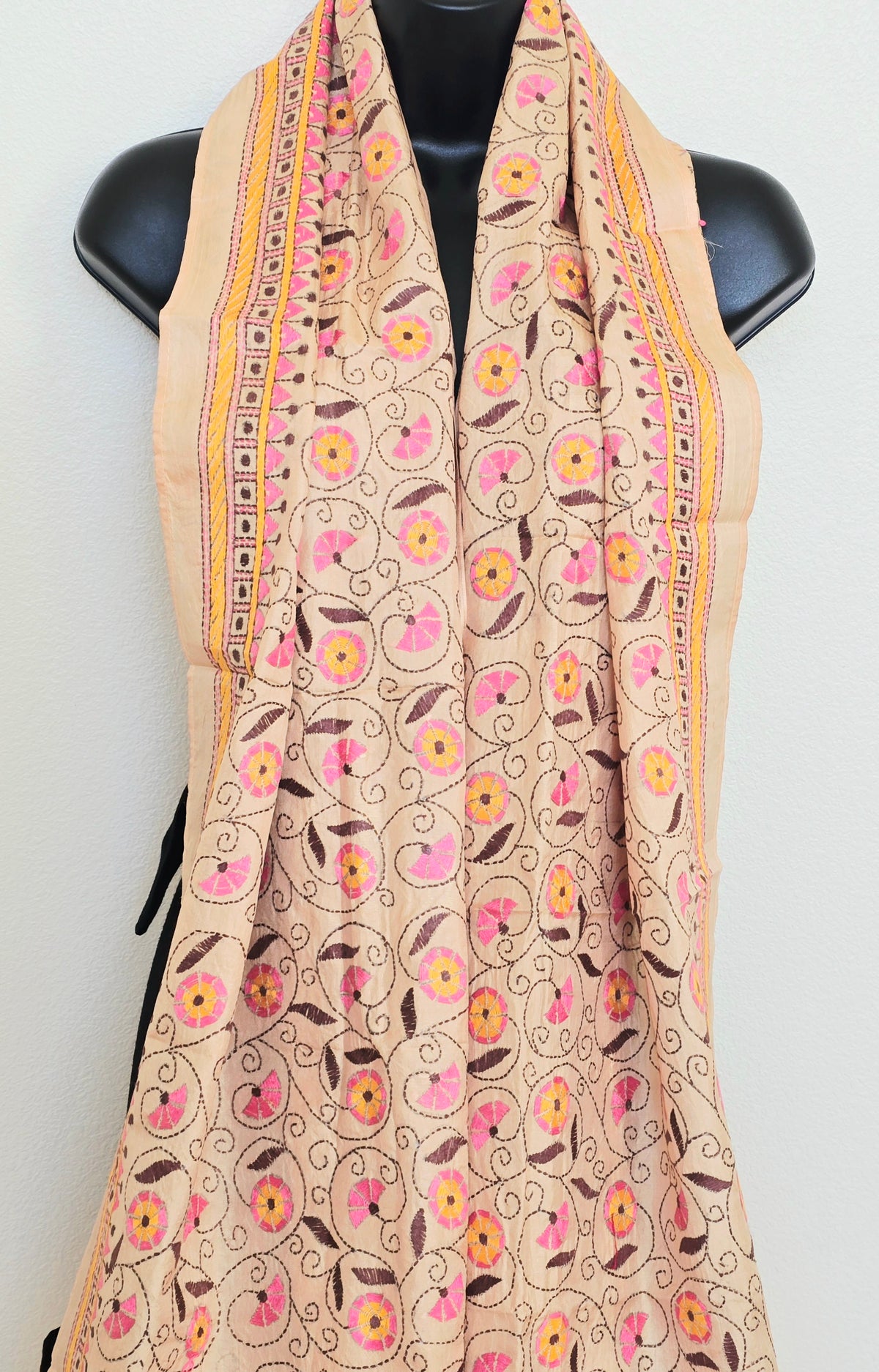 Hand Embroidered Kantha Silk Scarf - Floral Pastel Heritage Design - Ohana Earth