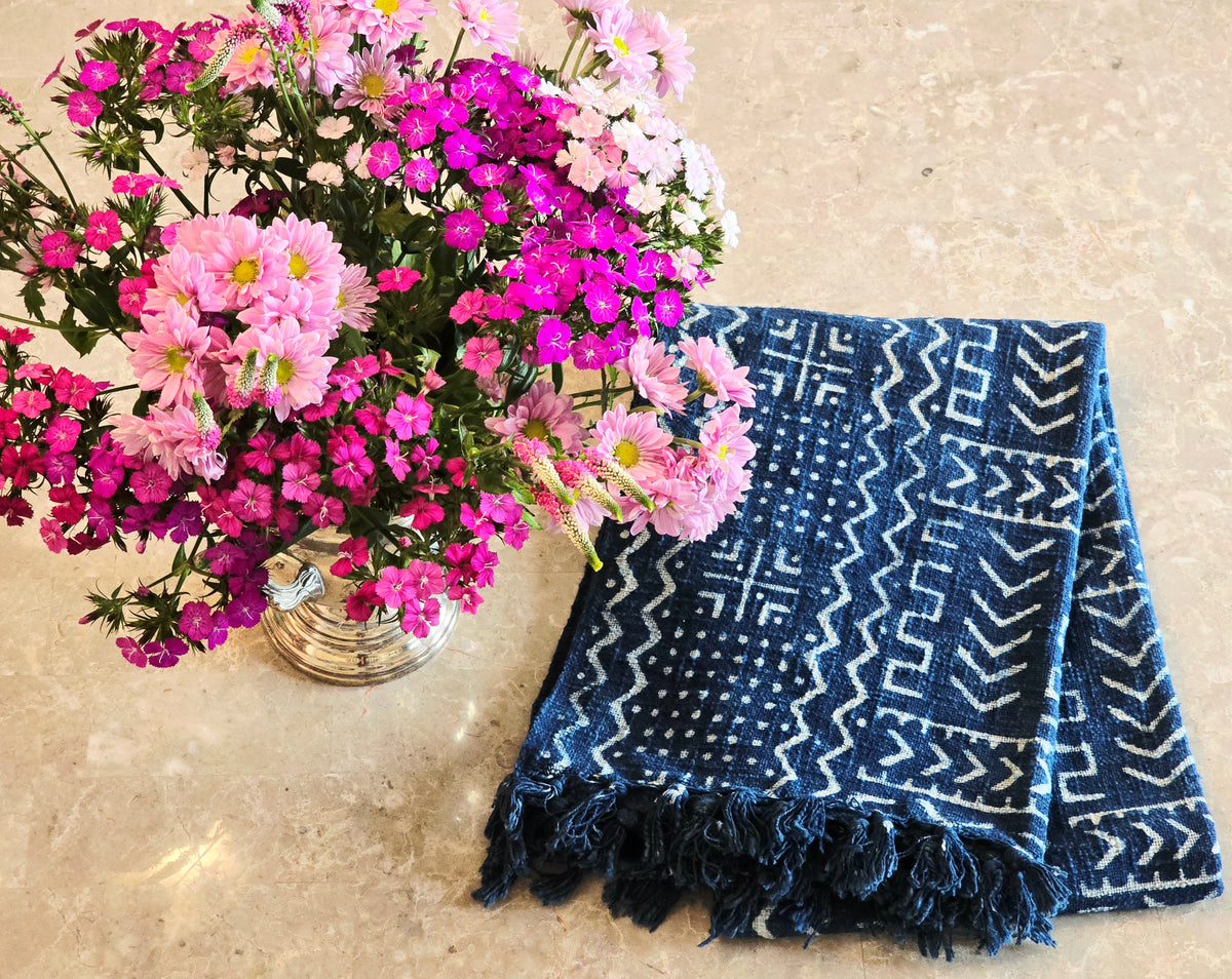 Indigo Geometric Cotton Throw | Slub Cotton Throw Blanket - Ohana Earth