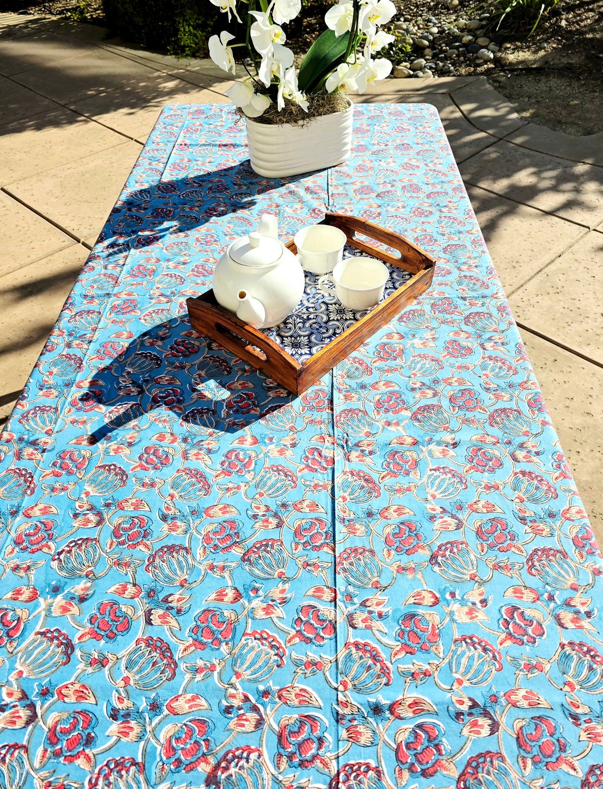 Blue Bloom Hand Block Printed Table Cloth - Ohana Earth