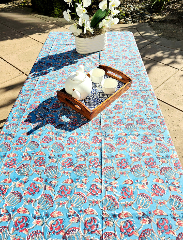 Blue Bloom Hand Block Printed Table Cloth - Ohana Earth