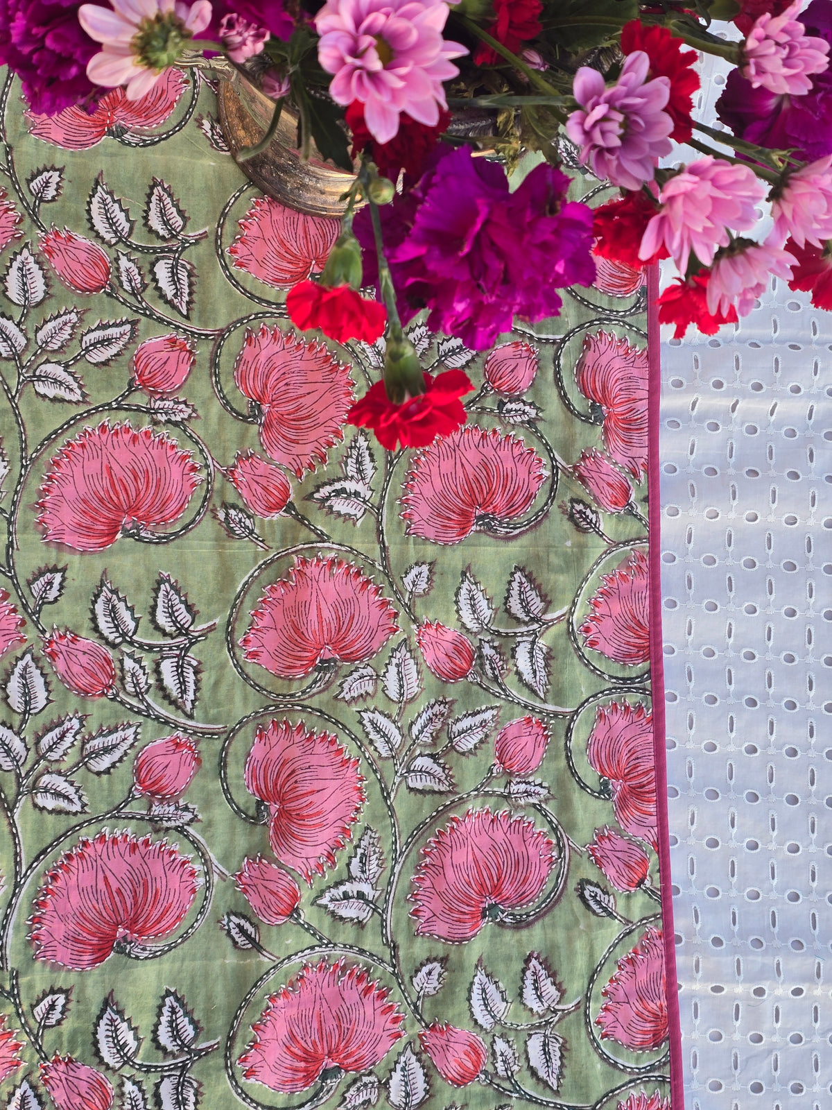 Florens Handmade Kantha Table Runner | Floral Block Print & Sustainable Cotton - Ohana Earth