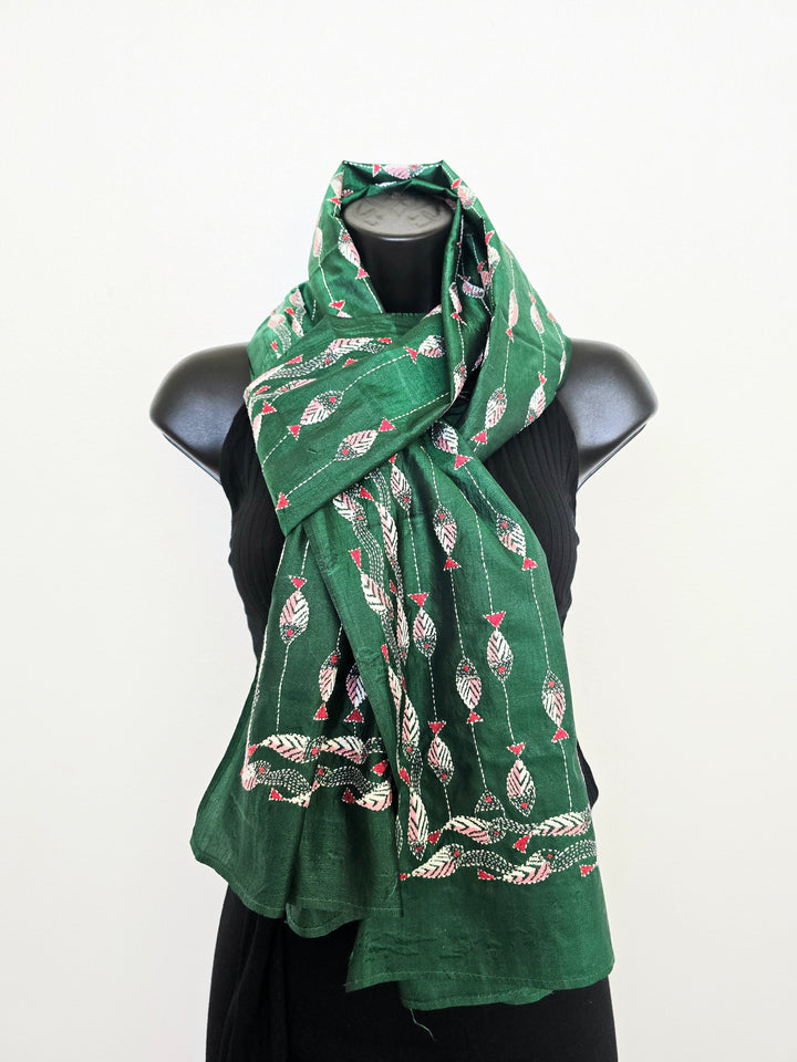 Hand Embroidered Kantha Silk Scarf - Green Fish Heritage Design - Ohana Earth