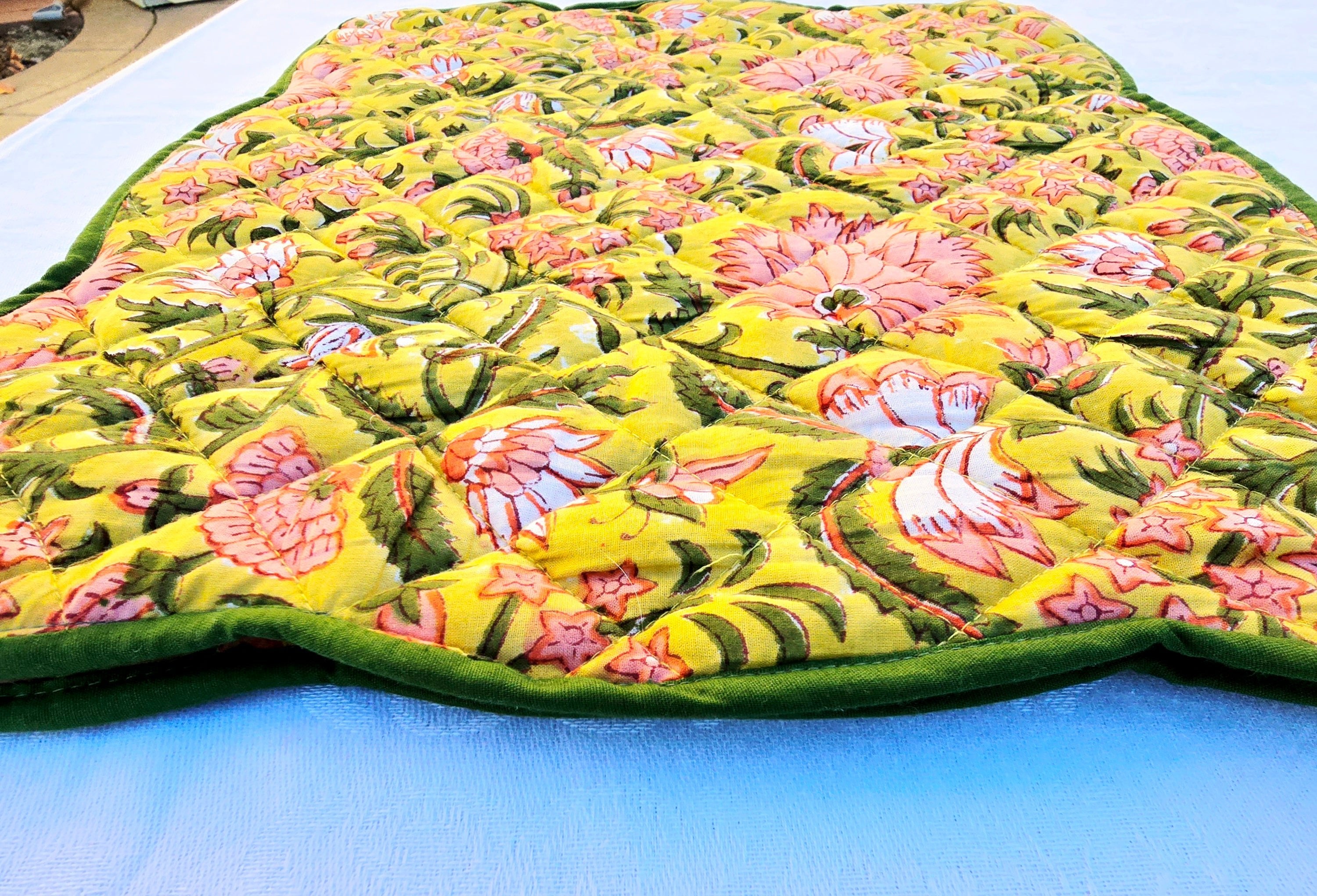 Yellow Floral Block Print Cotton Handmade Quilted Placemat - Ohana Earth