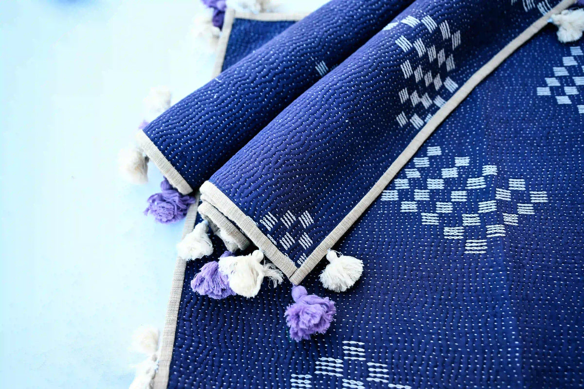 Blue Handmade Reversible Kantha Placemat Set - Ohana Earth