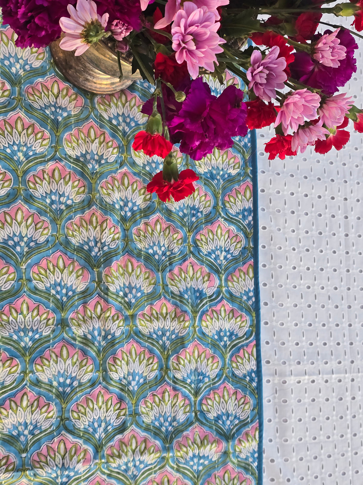 Blue Floral Handmade Kantha Table Runner | Block Print & Sustainable Cotton - Ohana Earth