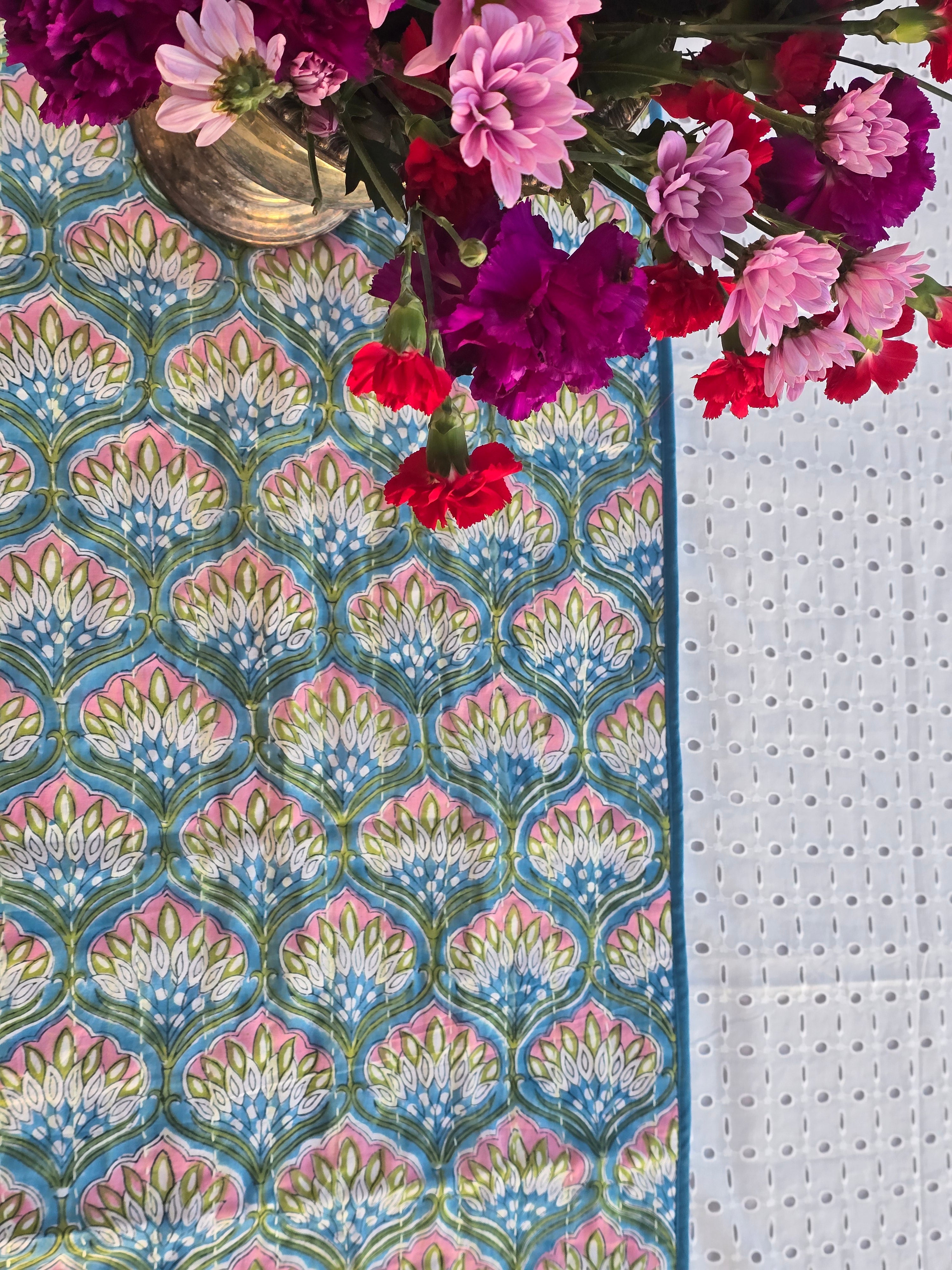Blue Floral Handmade Kantha Table Runner | Block Print & Sustainable Cotton - Ohana Earth