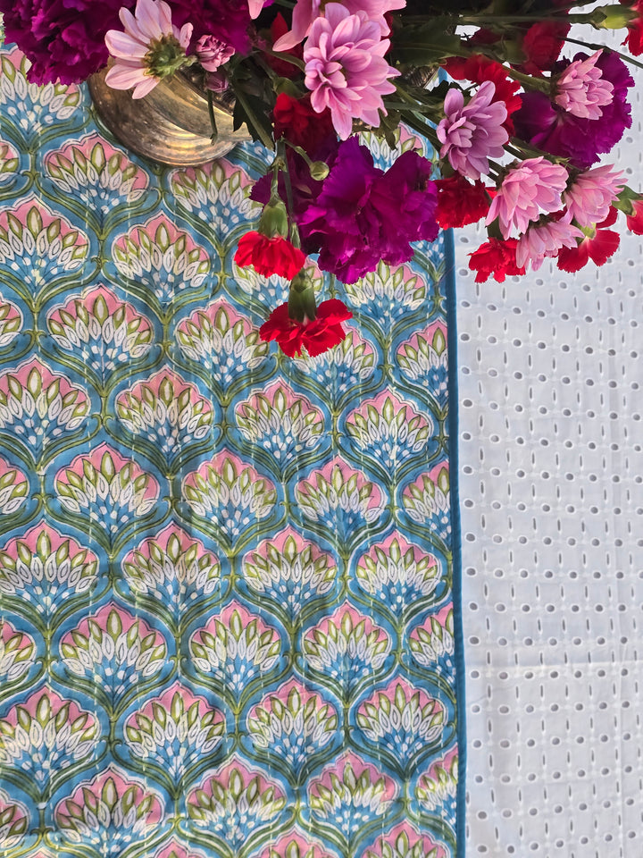 Blue Floral Handmade Kantha Table Runner | Block Print & Sustainable Cotton - Ohana Earth