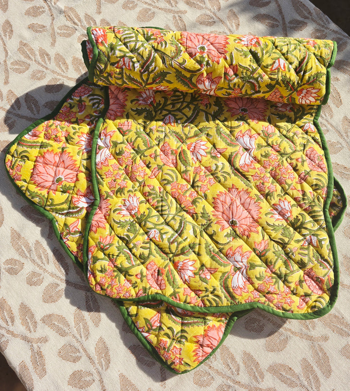 Yellow Floral Block Print Cotton Handmade Quilted Placemat - Ohana Earth
