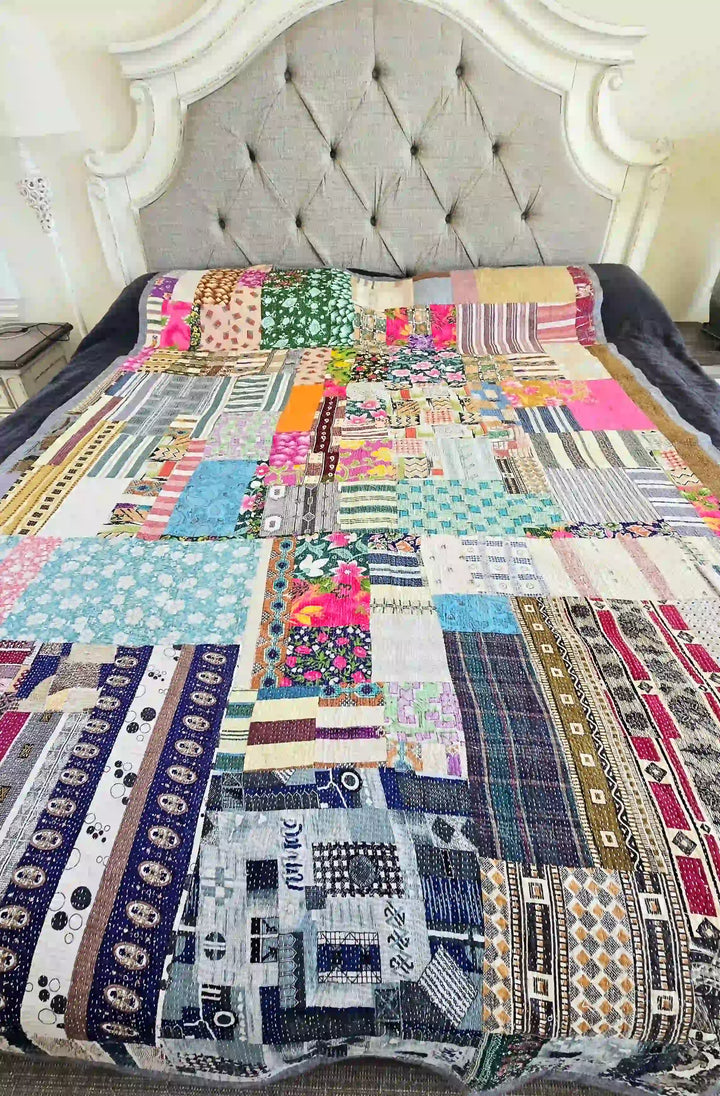Multicolor Patchwork Reversible Kantha Throw - Ohana Earth