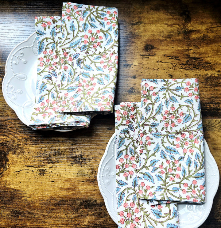 White Floral Block Print Cotton Napkins Set – Handmade Cloth Napkins - Ohana Earth