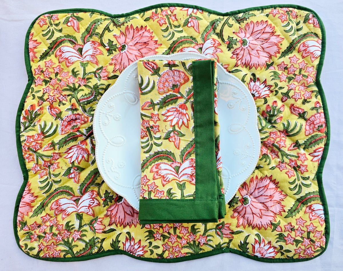 Yellow Floral Cotton Hand block Printed Napkin - Ohana Earth