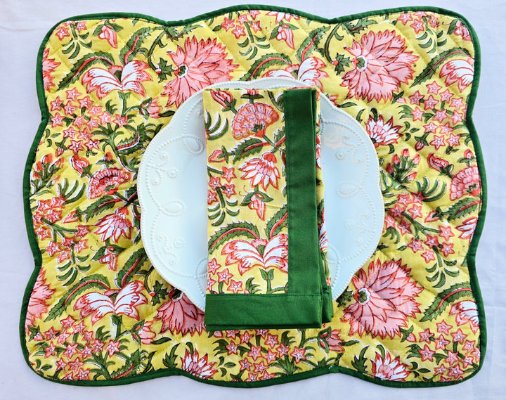 Yellow Floral Cotton Hand block Printed Napkin - Ohana Earth