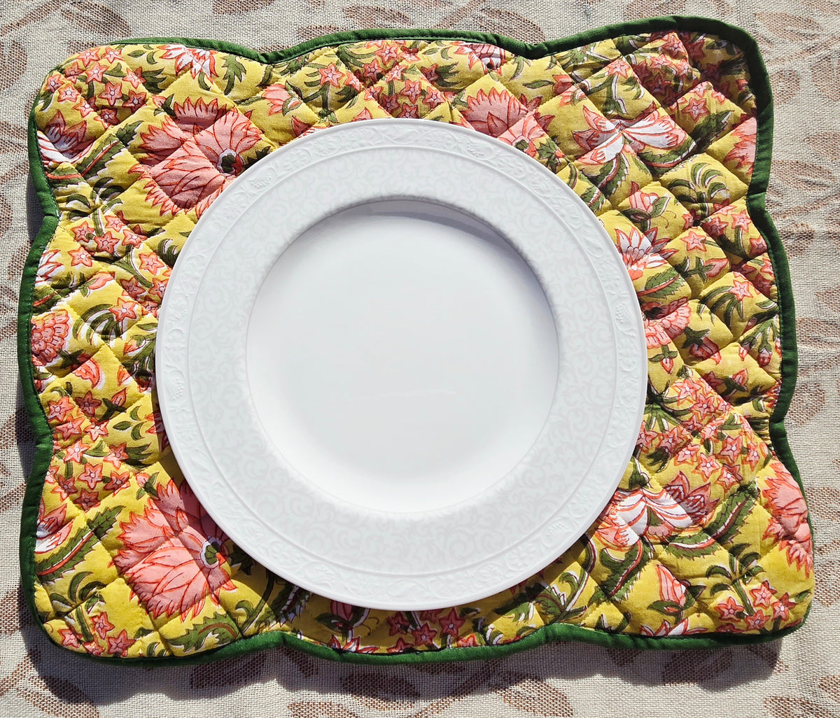 Yellow Floral Block Print Cotton Handmade Quilted Placemat - Ohana Earth