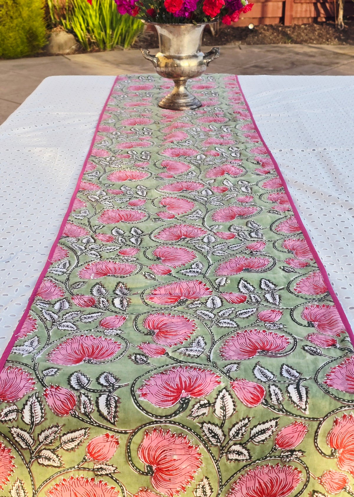 Florens Handmade Kantha Table Runner | Floral Block Print & Sustainable Cotton - Ohana Earth