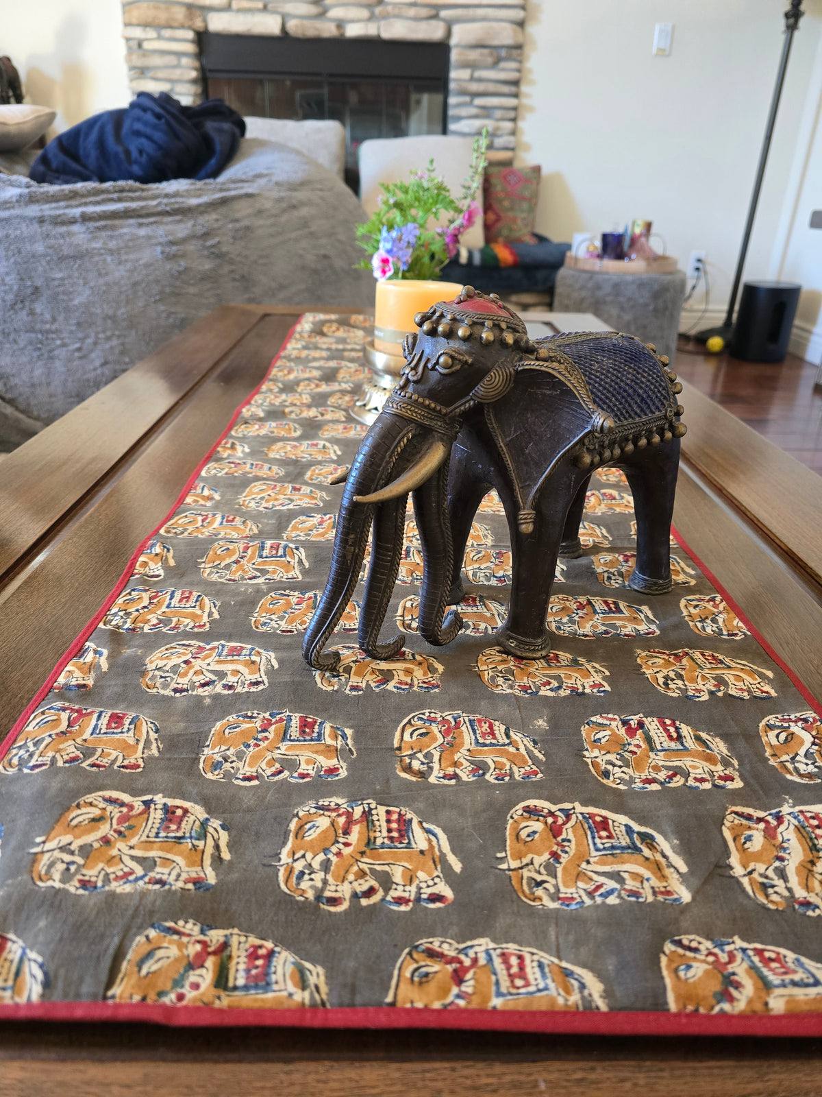 Hand Block Print Table Runner — Elephant, Olive + Burgundy - Ohana Earth