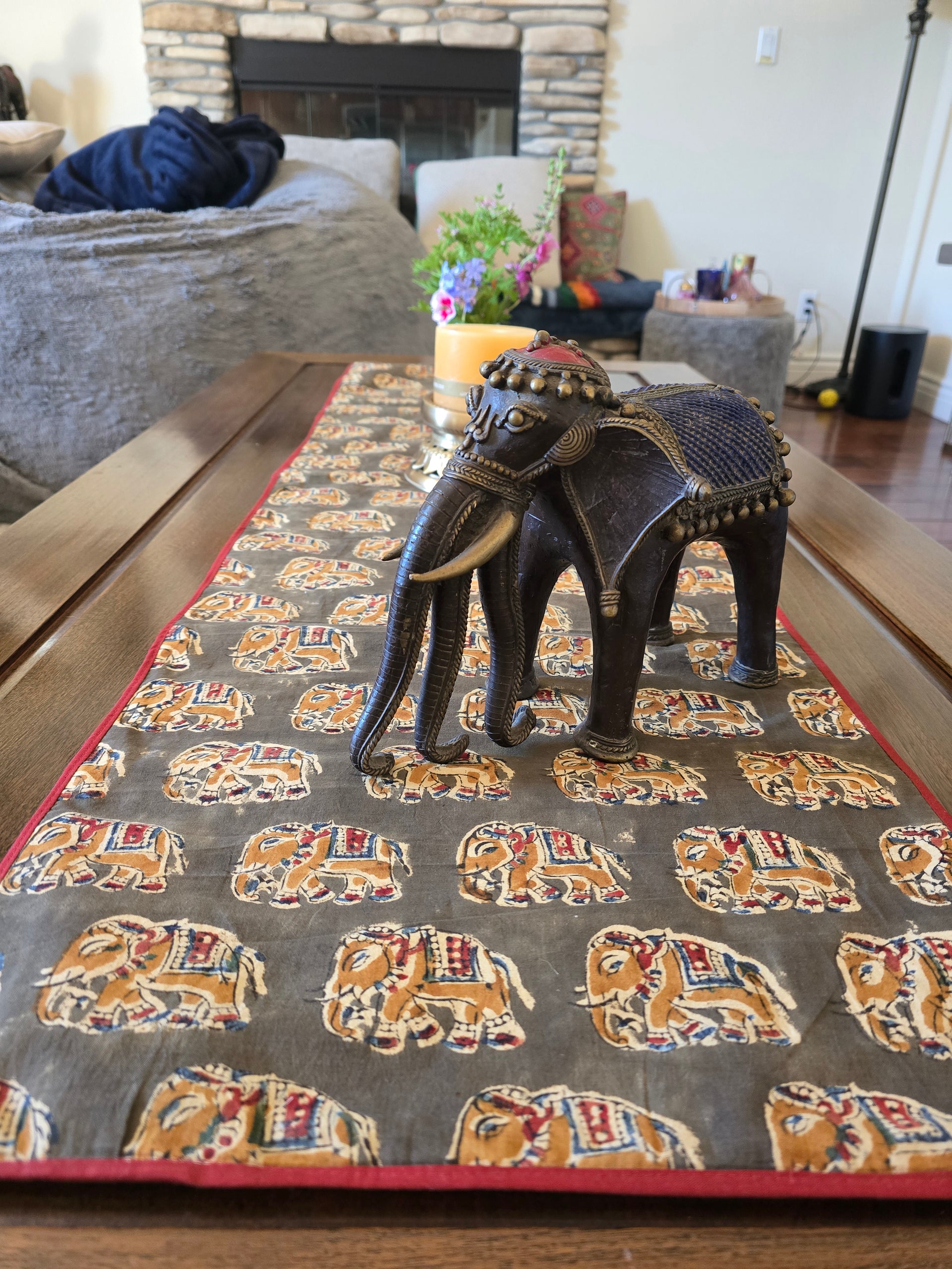 Hand Block Print Table Runner — Elephant, Olive + Burgundy - Ohana Earth