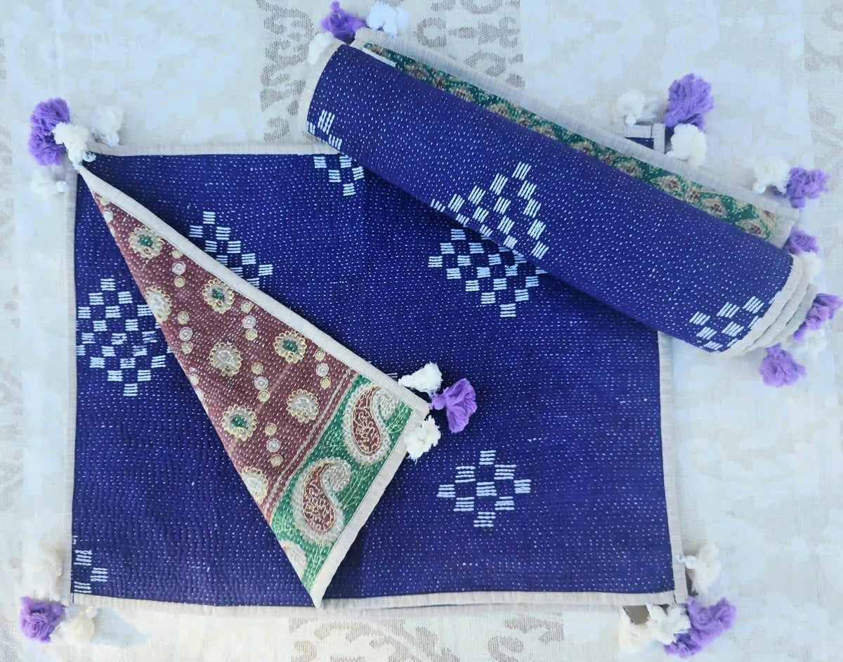 Blue Handmade Reversible Kantha Placemat Set - Ohana Earth