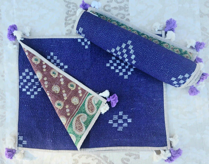 Blue Handmade Reversible Kantha Placemat Set - Ohana Earth
