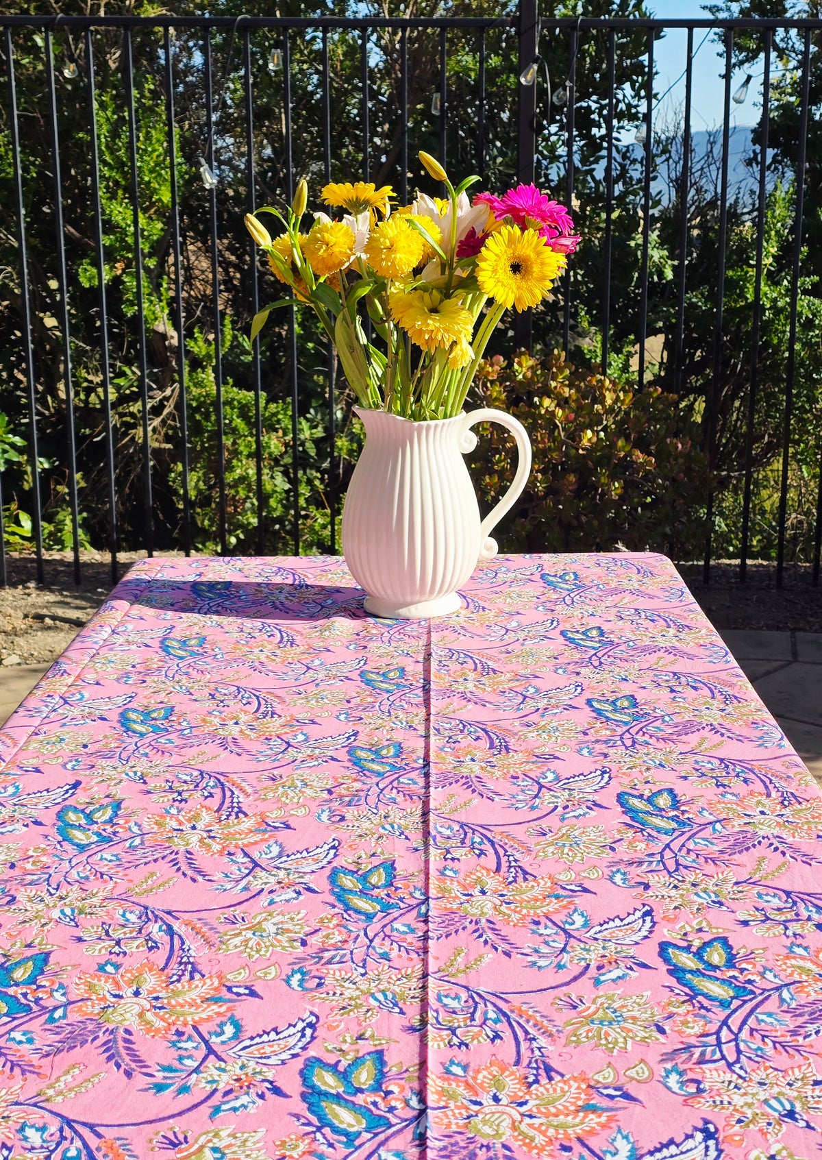 Pink Flower Block Printed Table Cloth - Ohana Earth