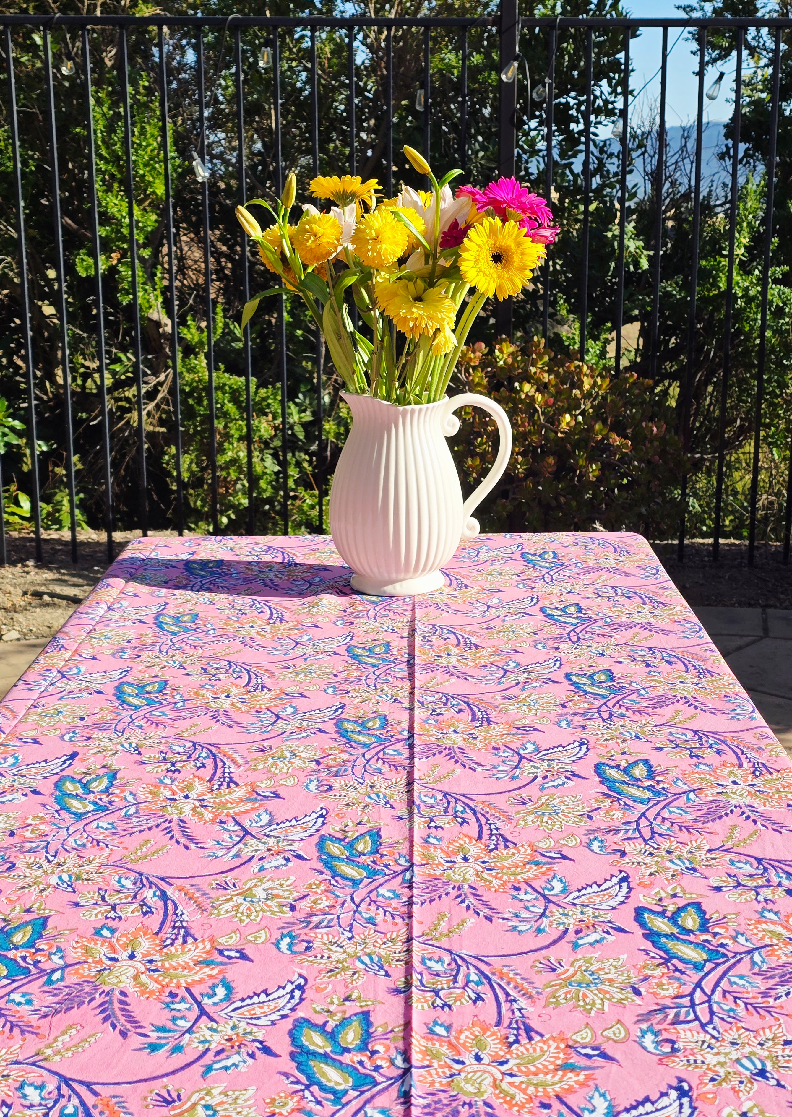 Pink Flower Block Printed Table Cloth - Ohana Earth