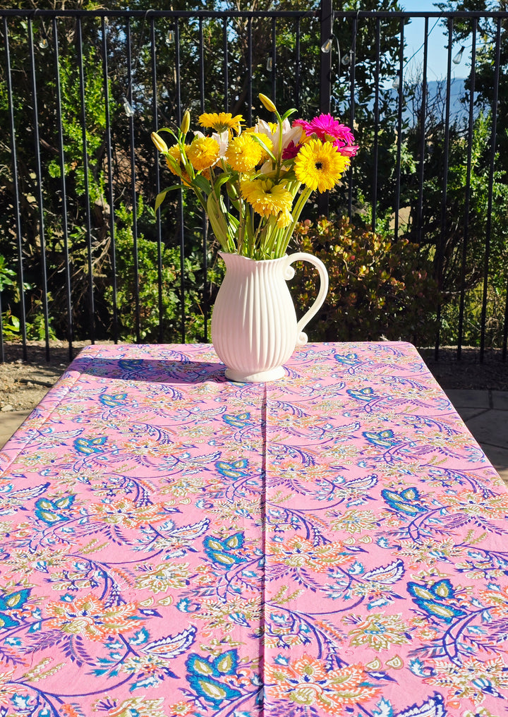 Pink Flower Block Printed Table Cloth - Ohana Earth