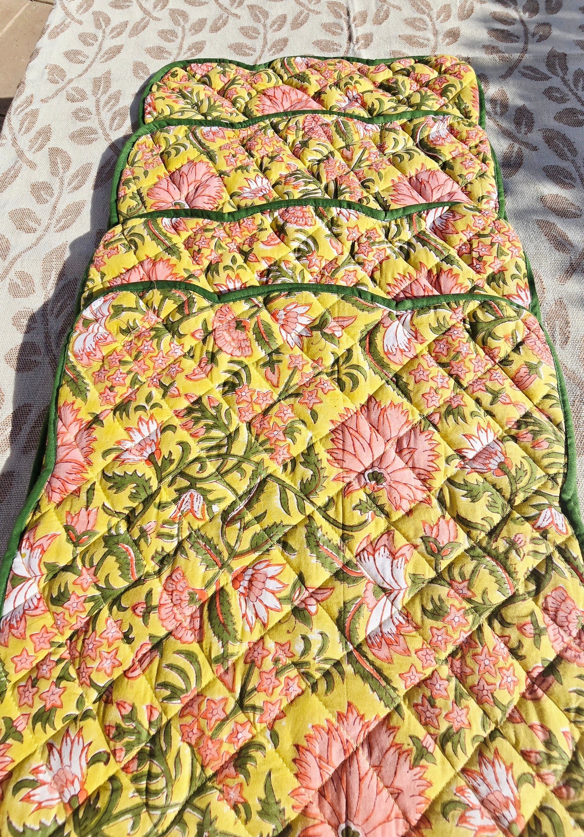 Yellow Floral Block Print Cotton Handmade Quilted Placemat - Ohana Earth