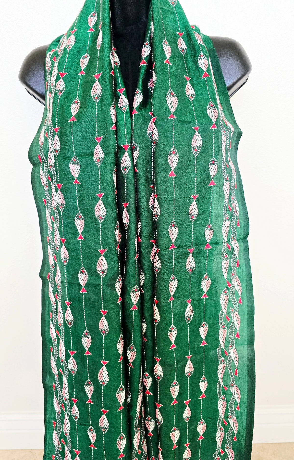 Hand Embroidered Kantha Silk Scarf - Green Fish Heritage Design - Ohana Earth
