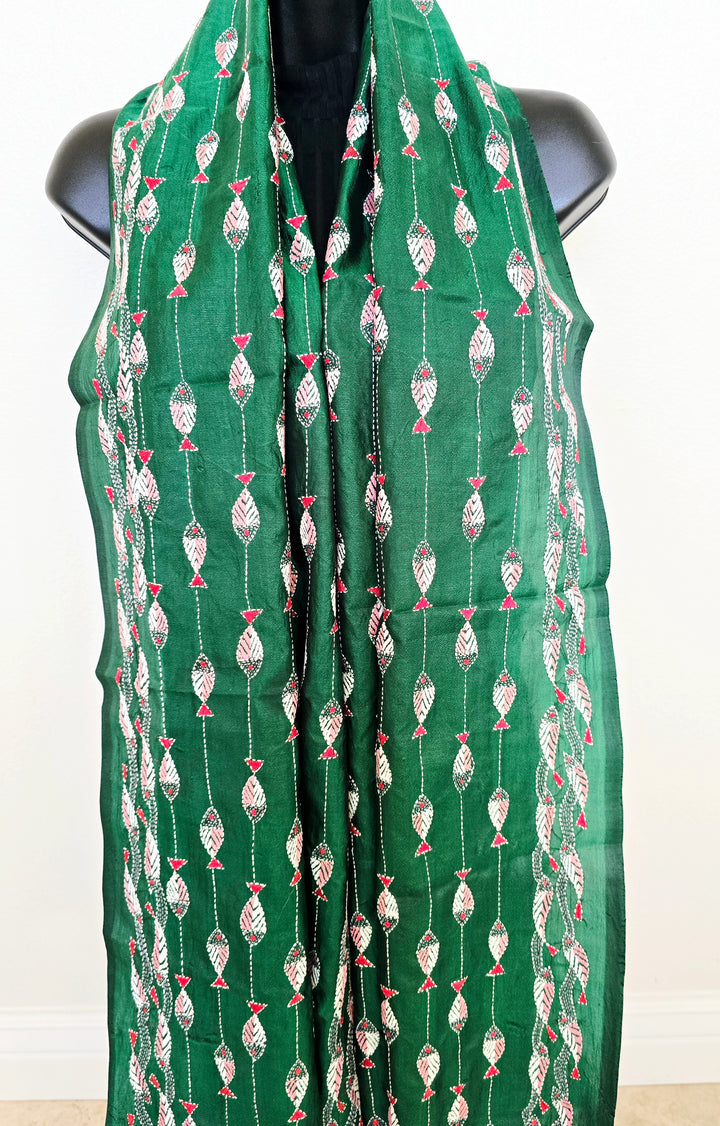 Hand Embroidered Kantha Silk Scarf - Green Fish Heritage Design - Ohana Earth