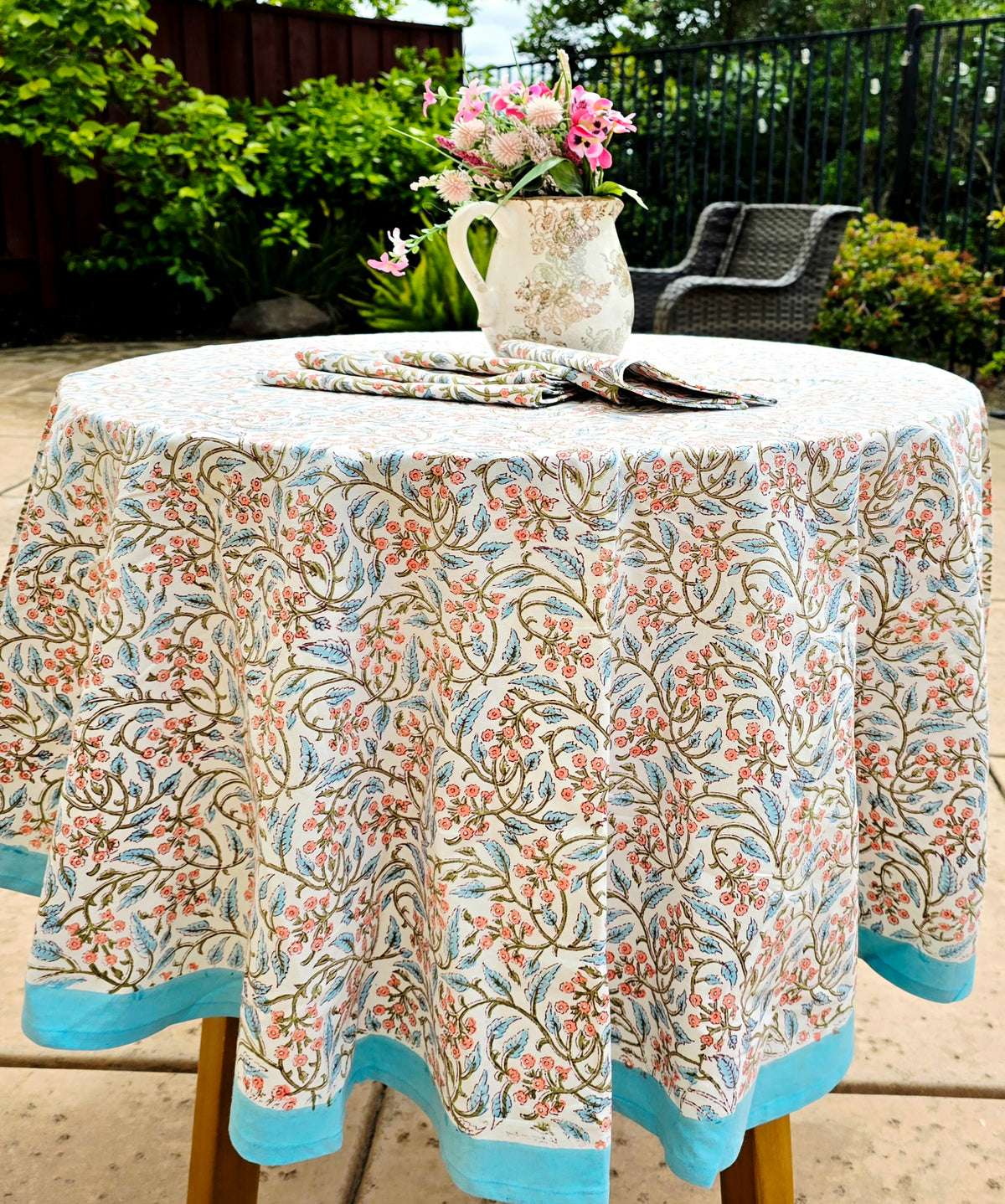 Round Block Print Cotton Tablecloth – White Floral Handmade - Ohana Earth