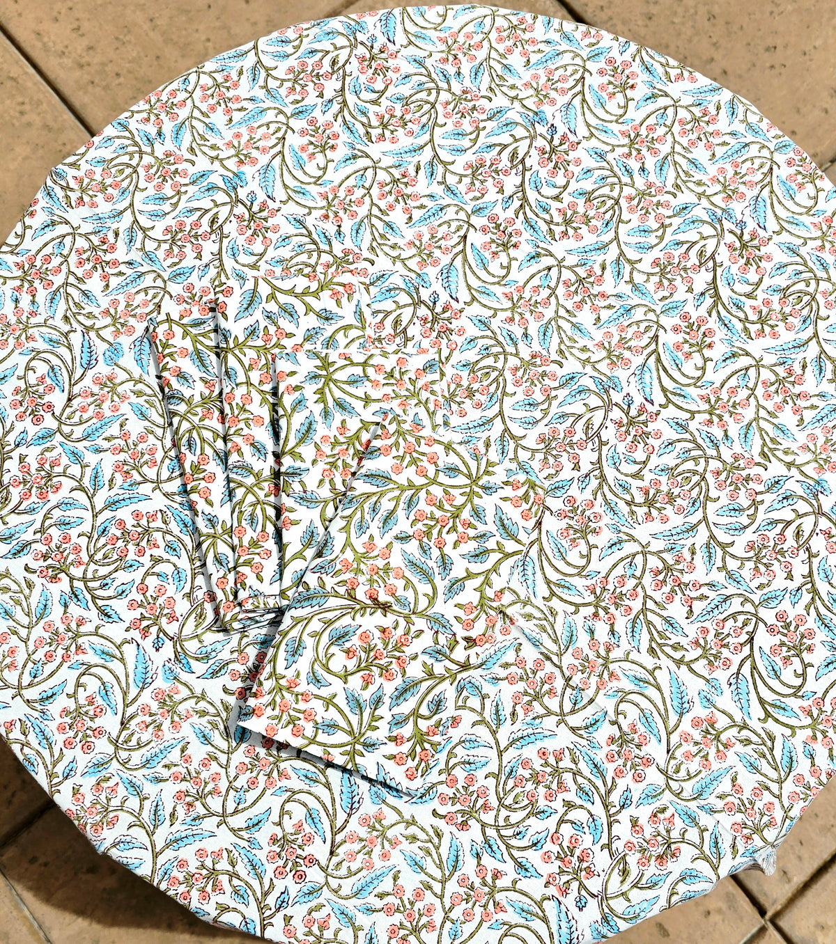 Round Block Print Cotton Tablecloth – White Floral Handmade - Ohana Earth
