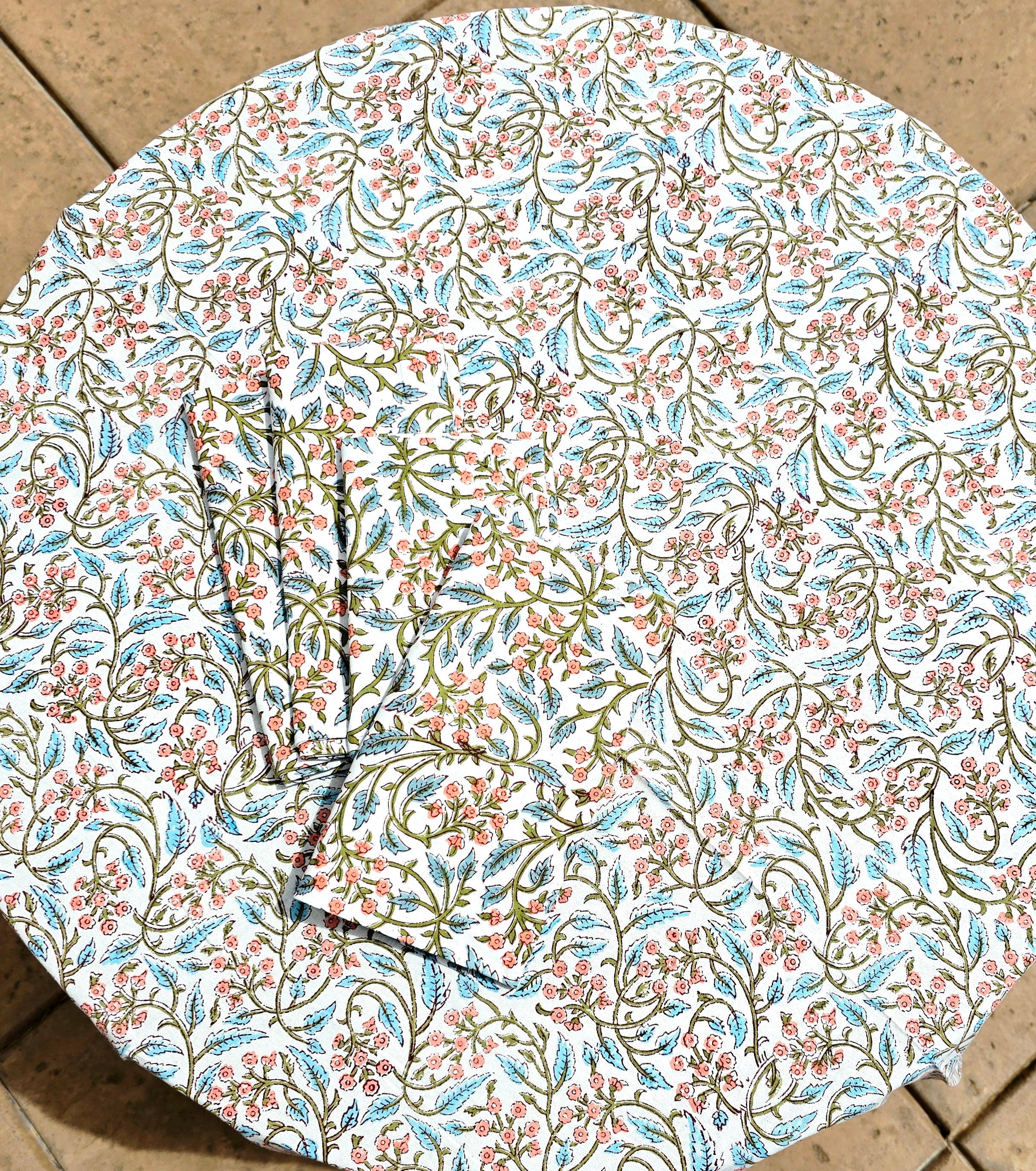 Round Block Print Cotton Tablecloth – White Floral Handmade - Ohana Earth