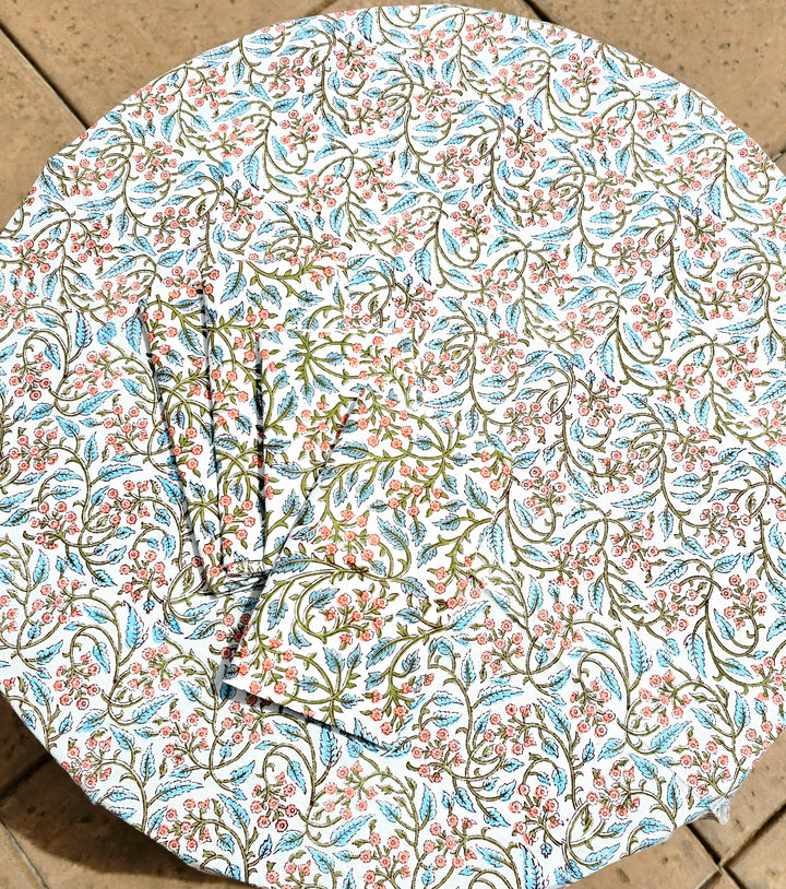 Round Block Print Cotton Tablecloth – White Floral Handmade - Ohana Earth