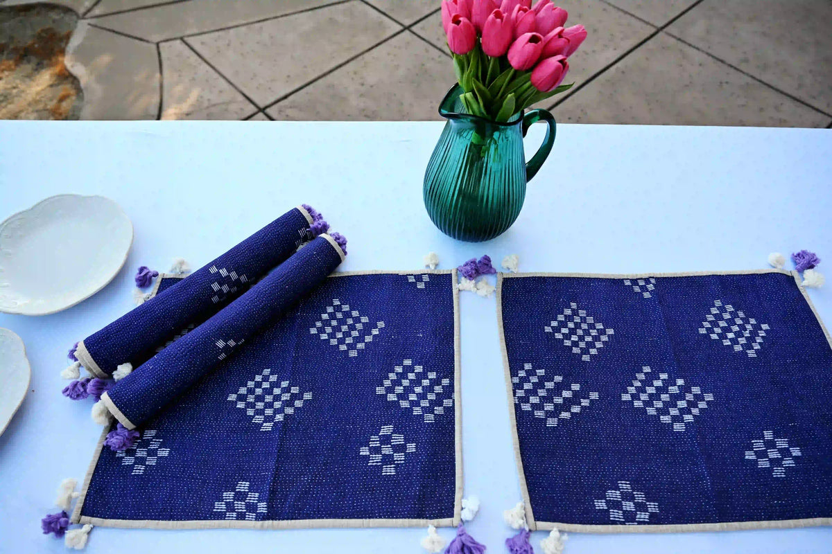 Blue Handmade Reversible Kantha Placemat Set - Ohana Earth
