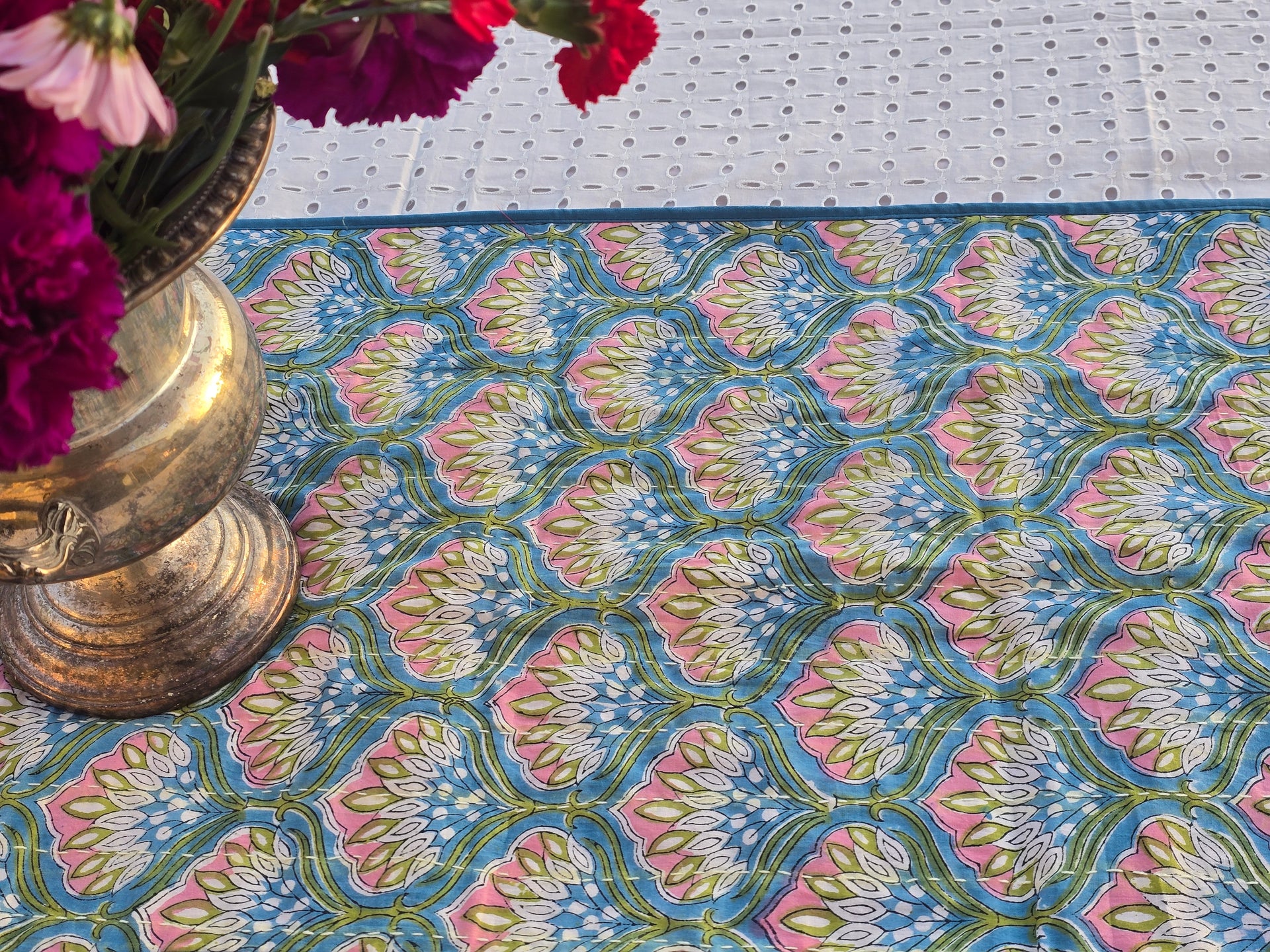 Blue Floral Handmade Kantha Table Runner | Block Print & Sustainable Cotton - Ohana Earth