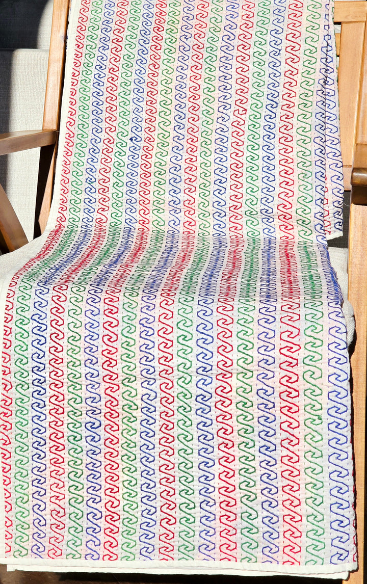 White Kantha Throw – Hand Embroidered Cotton Kantha Quilt Throw - Ohana Earth