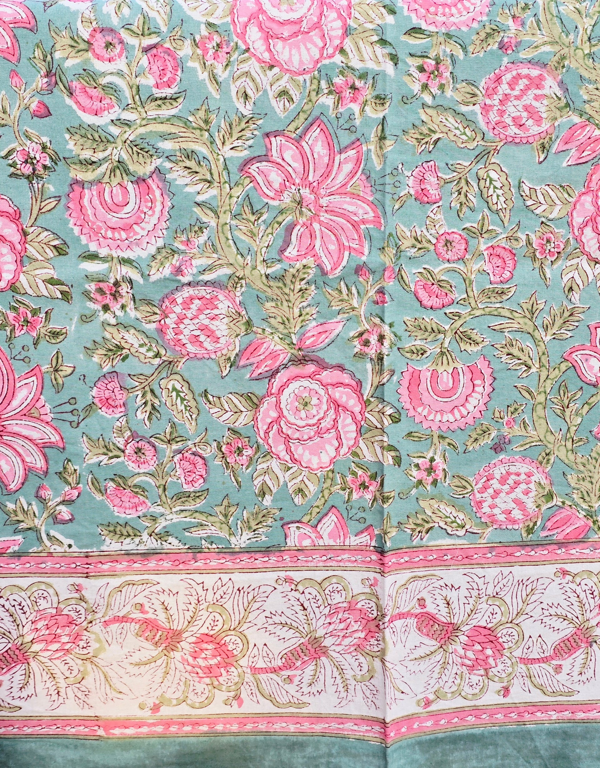 Green Pink Bloom Hand Block Printed Table Cloth - Ohana Earth